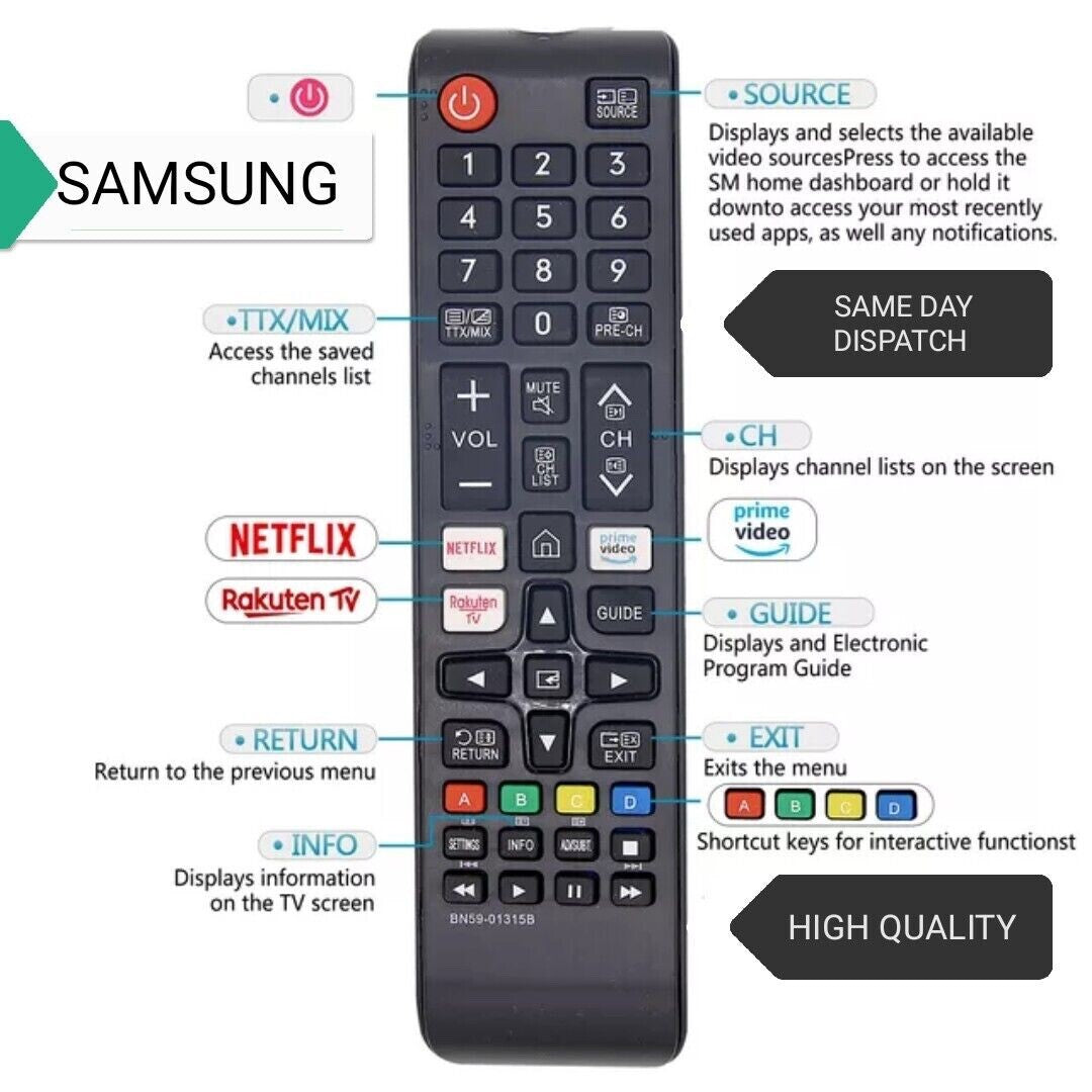 Replacement For Samsung BN59-01315B 4K LED QLED Smart TV Remote Control